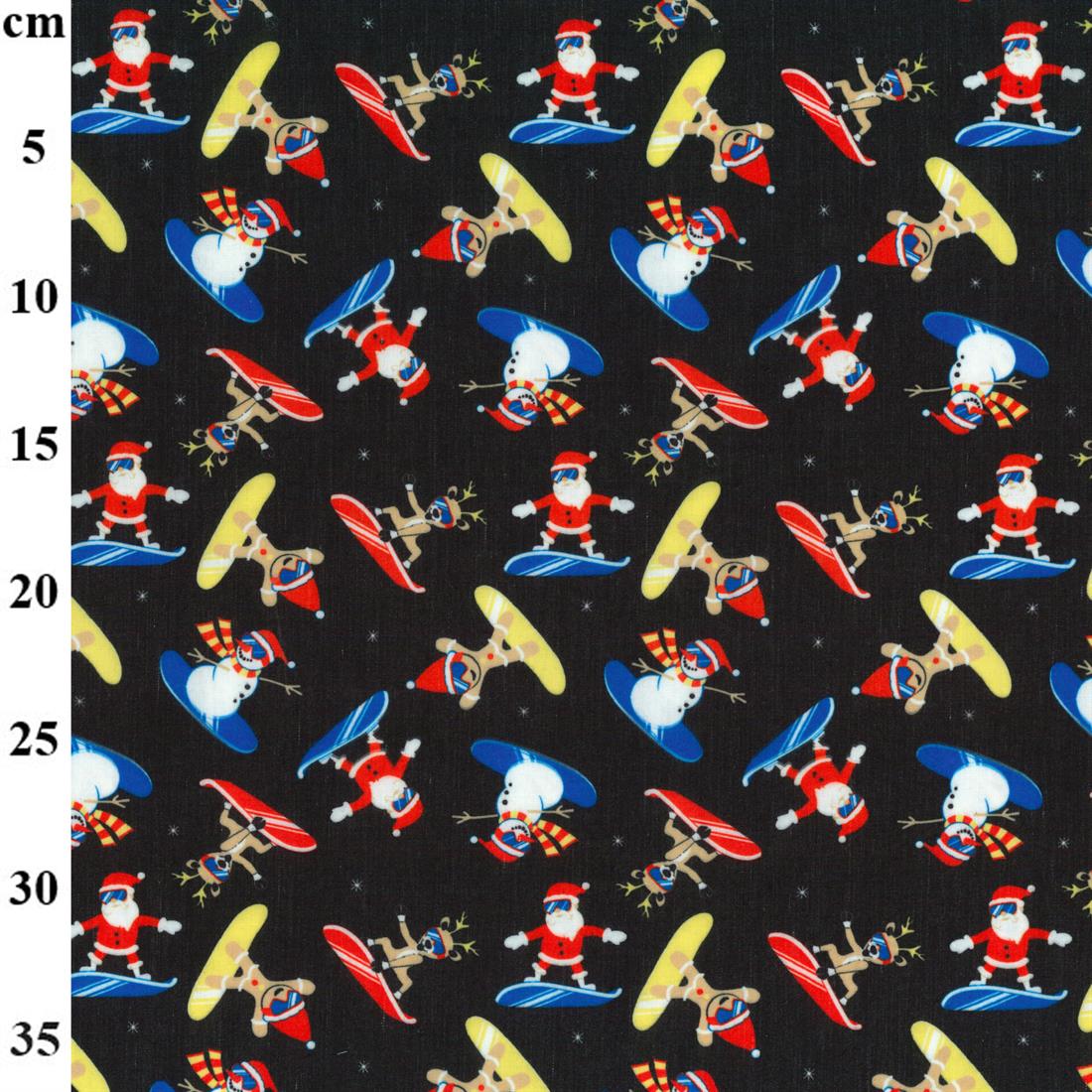 Black Surfing Santa & Friends Printed Polycotton Fabric