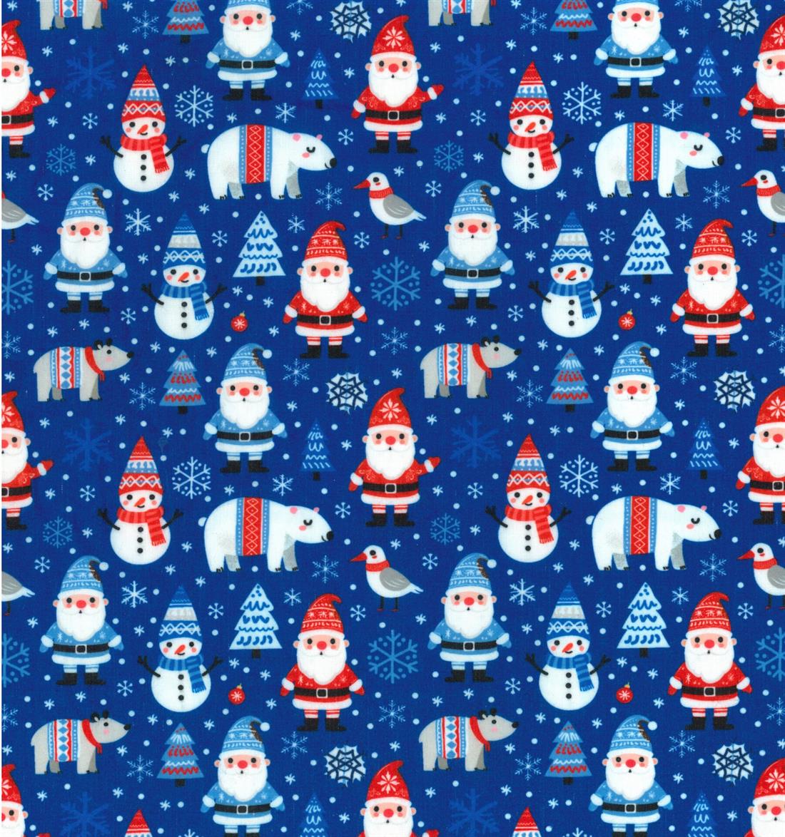 Blue Santa Snowman Winter Scene Printed Polycotton Fabric