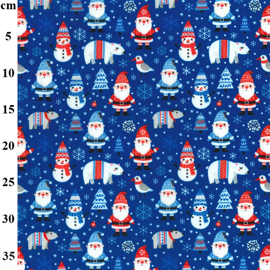 Blue Santa Snowman Winter Scene Printed Polycotton Fabric