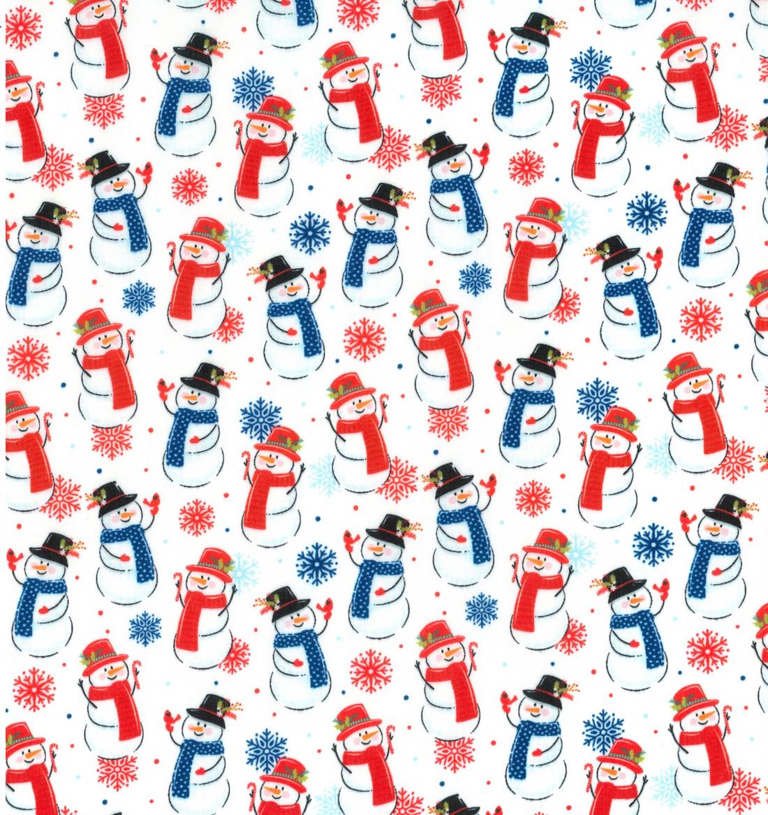 White Snowman Snowflakes Winter Scene Printed Polycotton Fabric