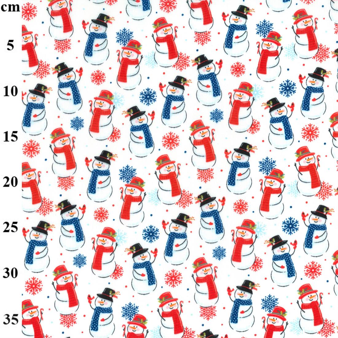 White Snowman Snowflakes Winter Scene Printed Polycotton Fabric