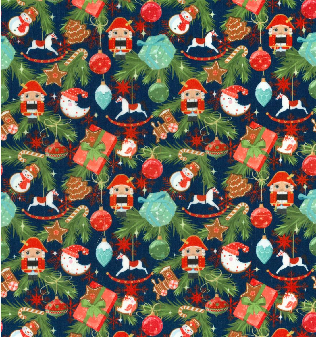 Navy Tree Decorations Nutcracker Printed Polycotton Fabric