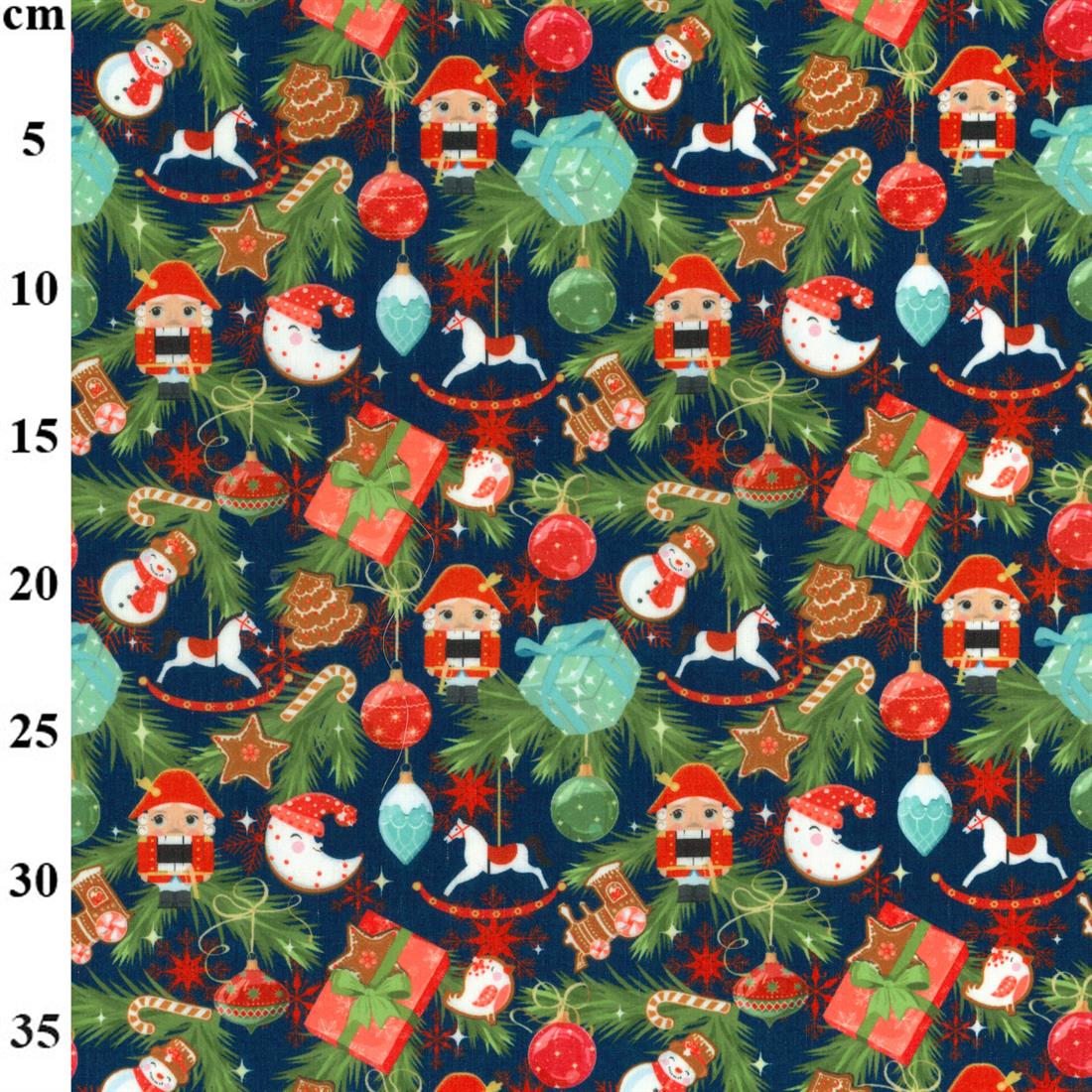 Navy Tree Decorations Nutcracker Printed Polycotton Fabric