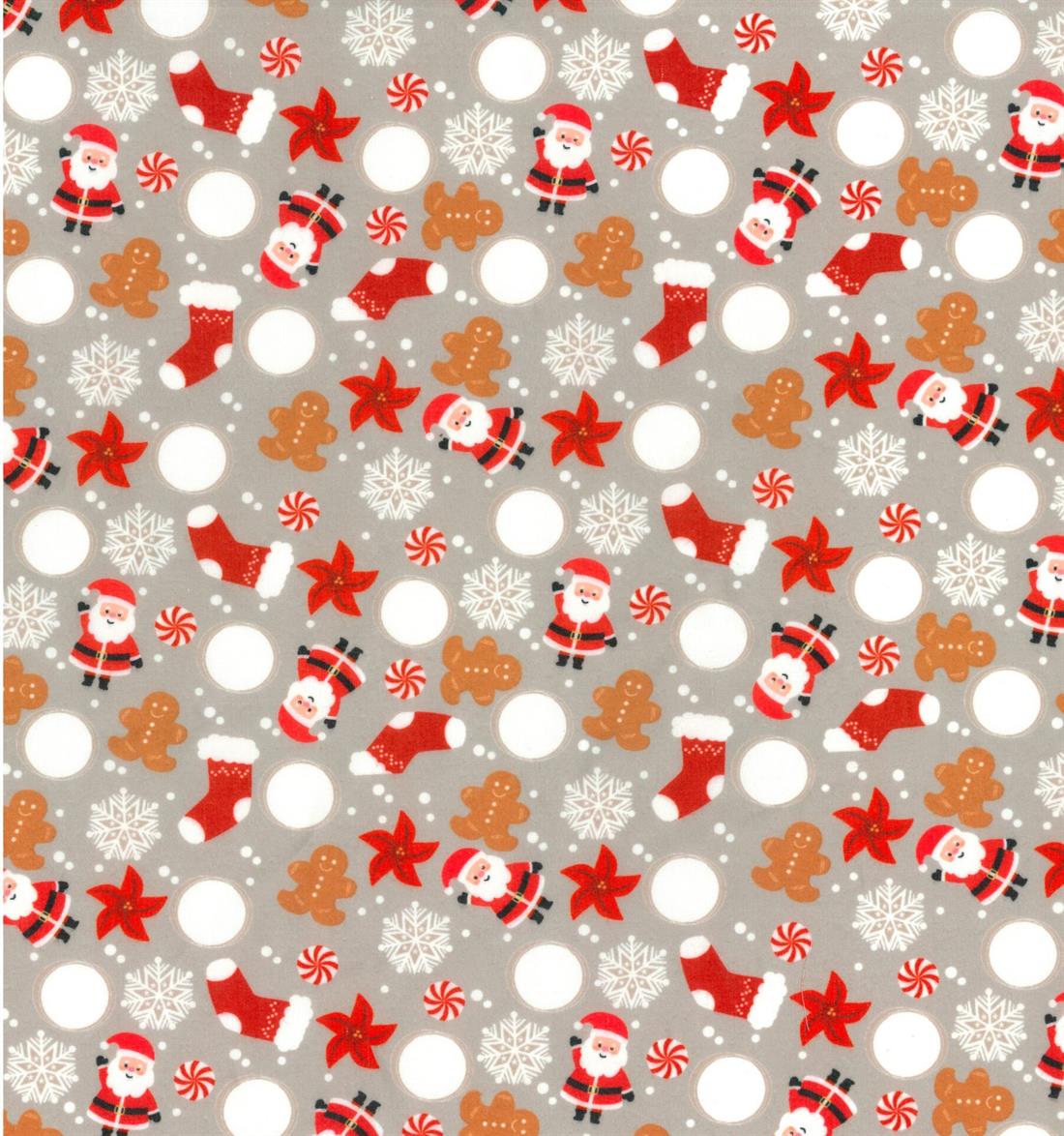 Grey Santa Clause Snowflakes Printed Polycotton Fabric