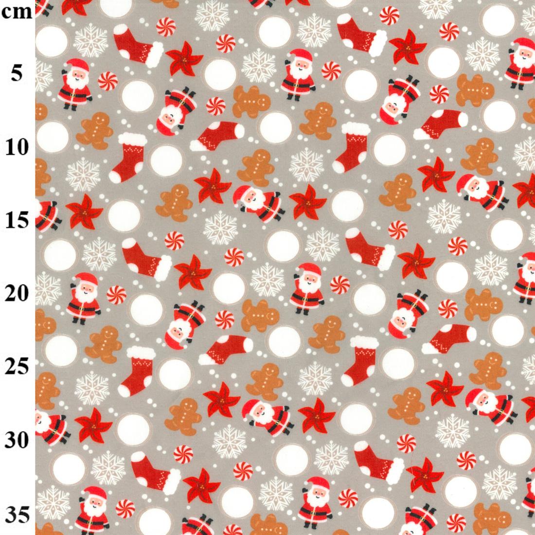 Grey Santa Clause Snowflakes Printed Polycotton Fabric