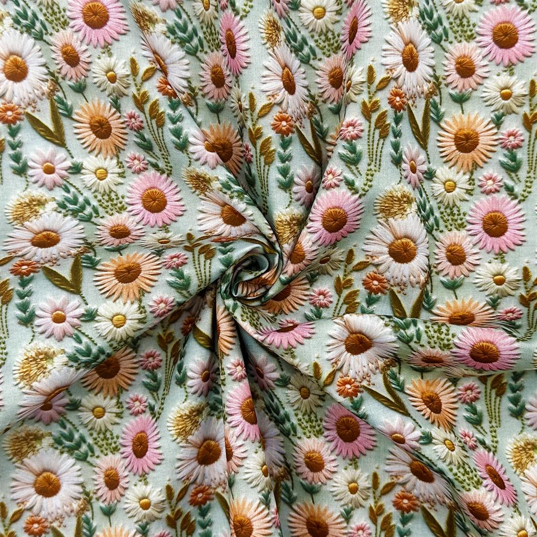 Mint 3D Pastel Daisies Printed Polycotton FabricThis Beautiful…