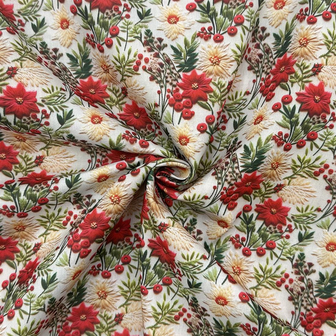 3D Christmas Flowers Printed Polycotton FabricThis Beautiful Fabric
