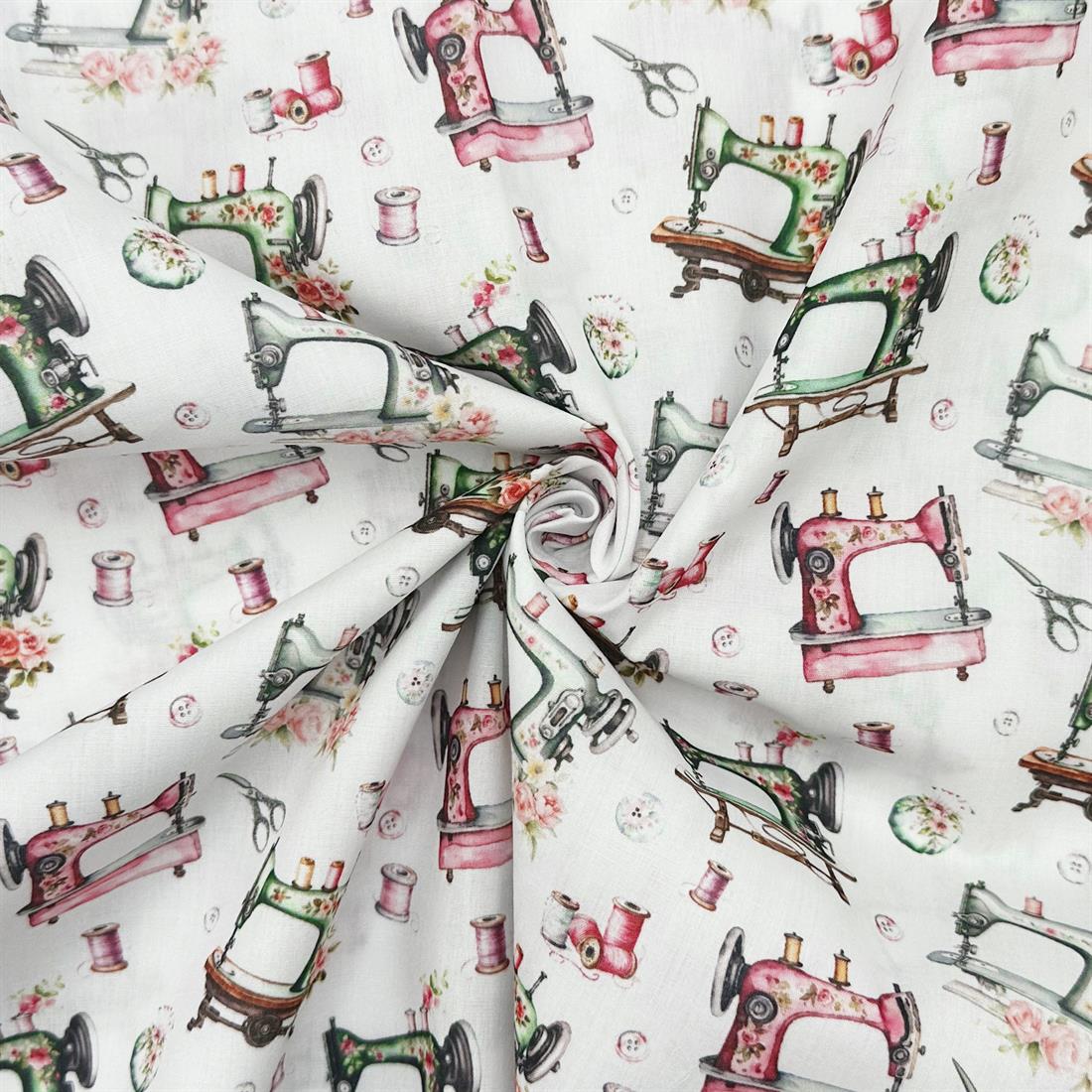 White Sewing Machines Printed Polycotton FabricThis Beautiful…