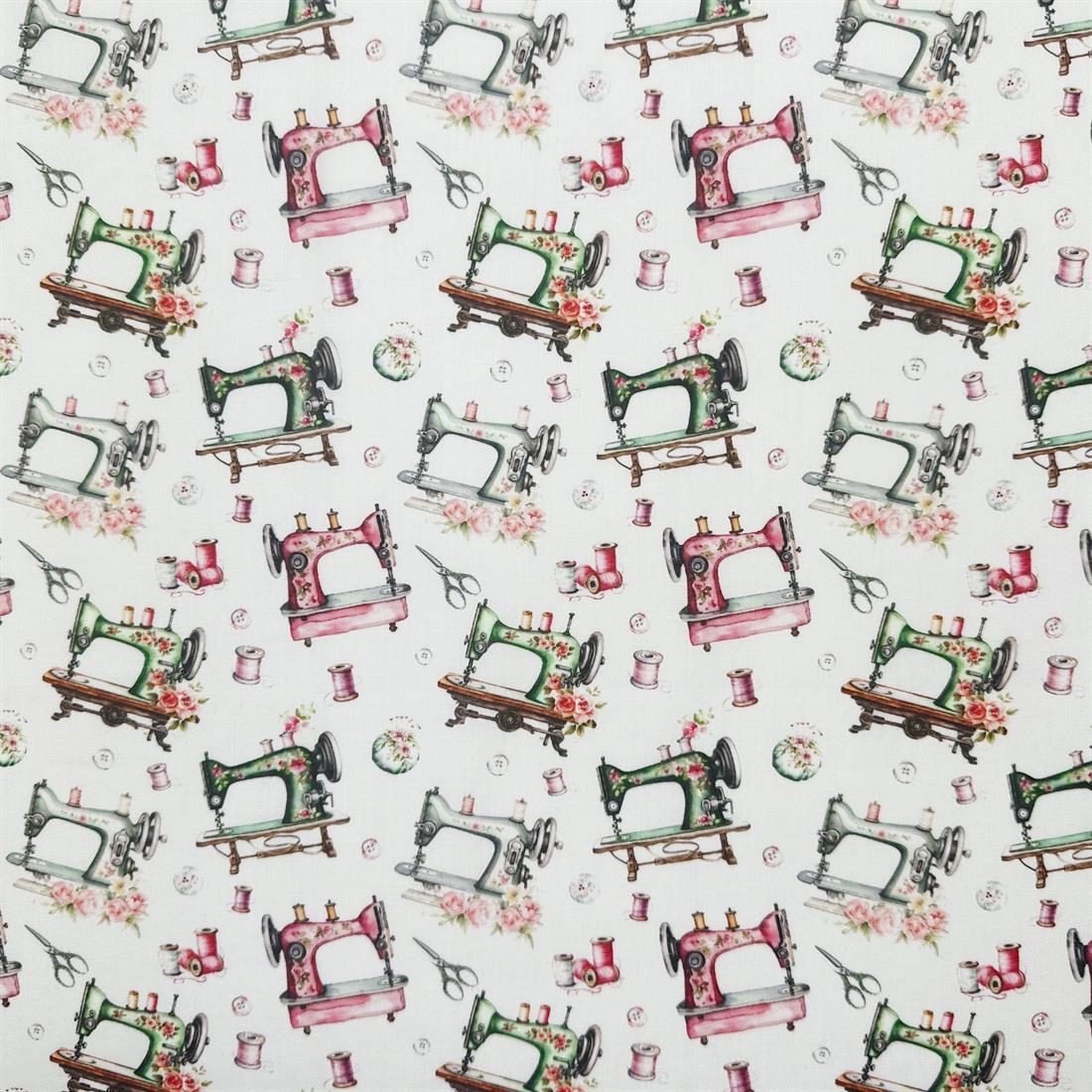 White Sewing Machines Printed Polycotton FabricThis Beautiful…