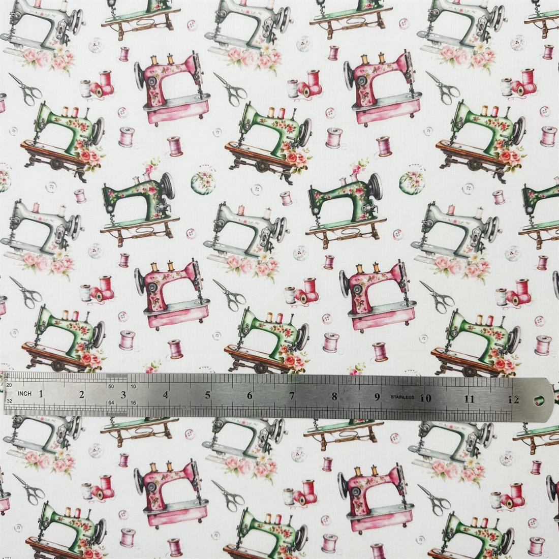 White Sewing Machines Printed Polycotton FabricThis Beautiful…