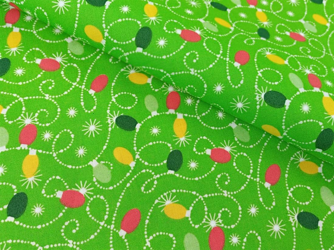 Green Xmas Lights Printed PolyCotton Fabric