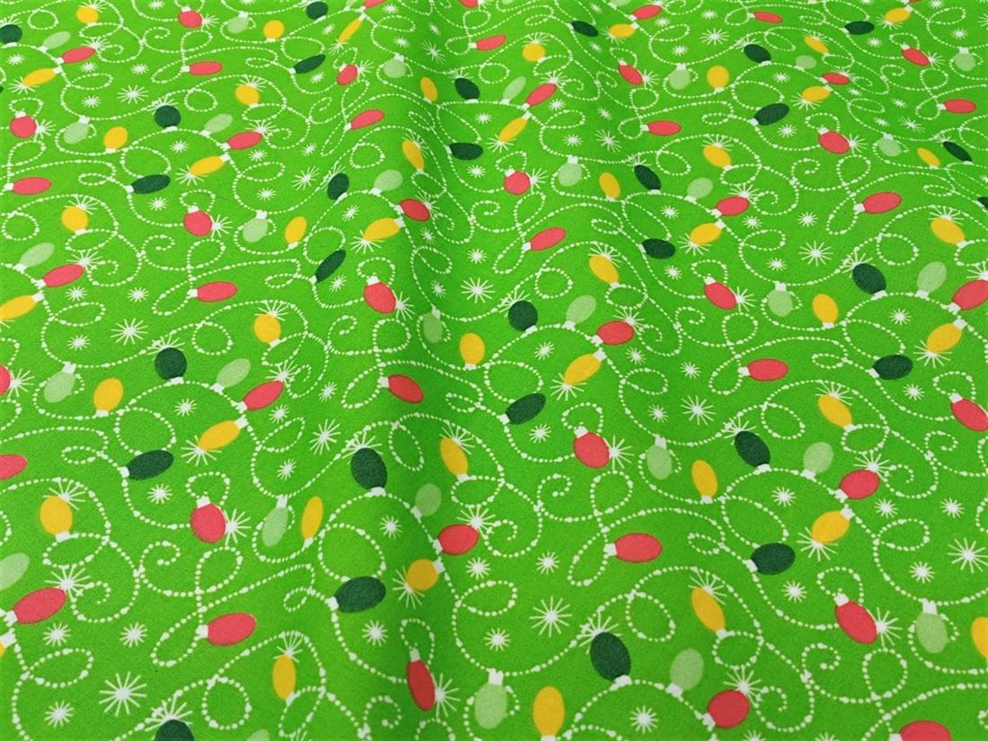 Green Xmas Lights Printed PolyCotton Fabric