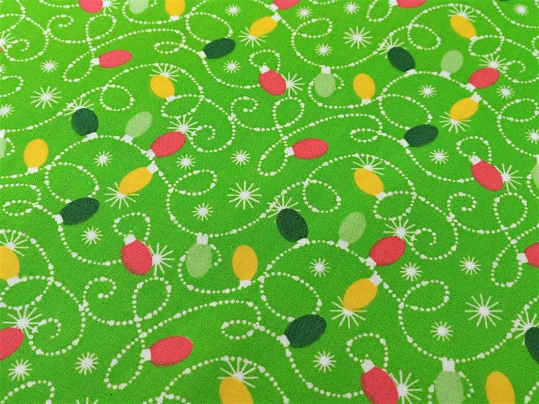 Green Xmas Lights Printed PolyCotton Fabric