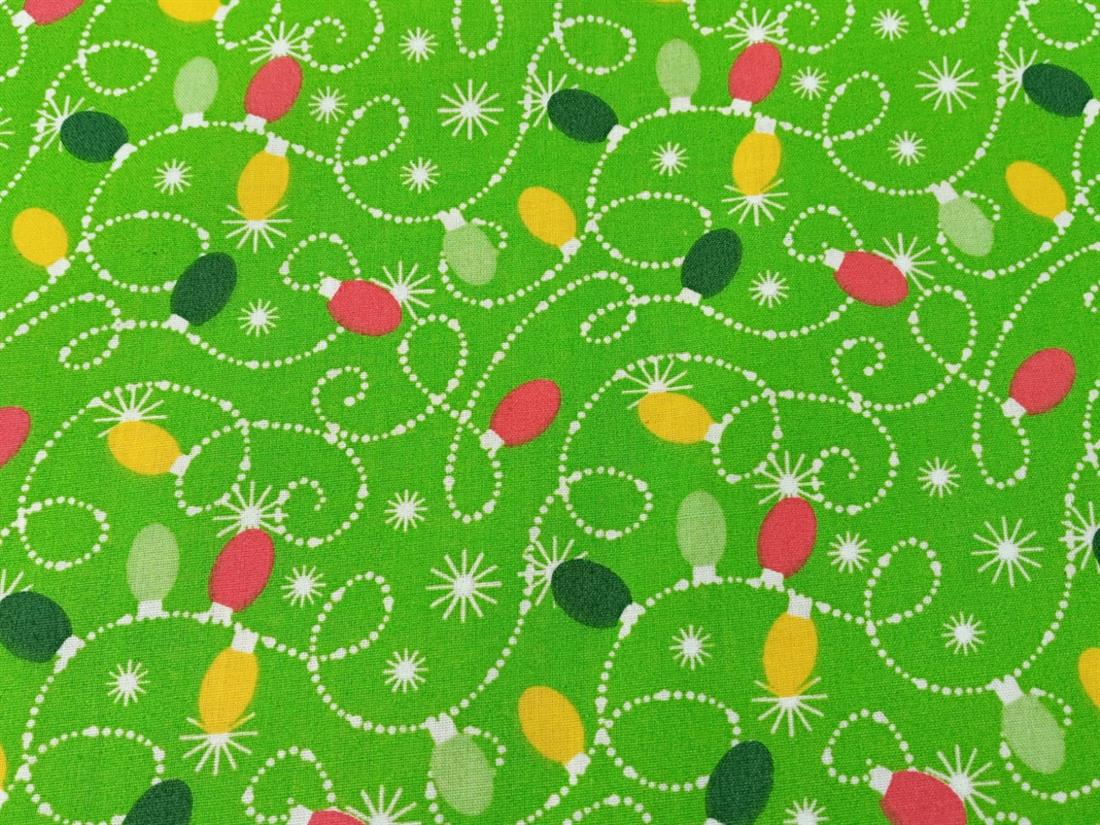 Green Xmas Lights Printed PolyCotton Fabric