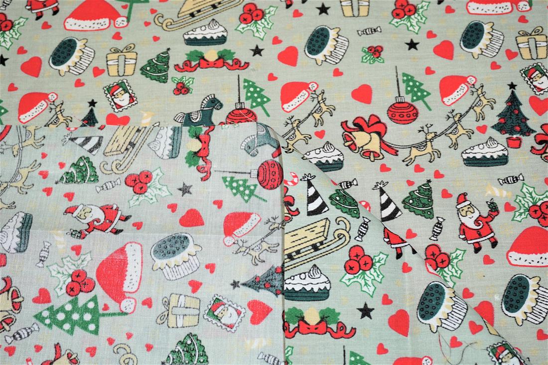 Light Grey Santa & Xmas Accessories Print PolyCotton Fabric