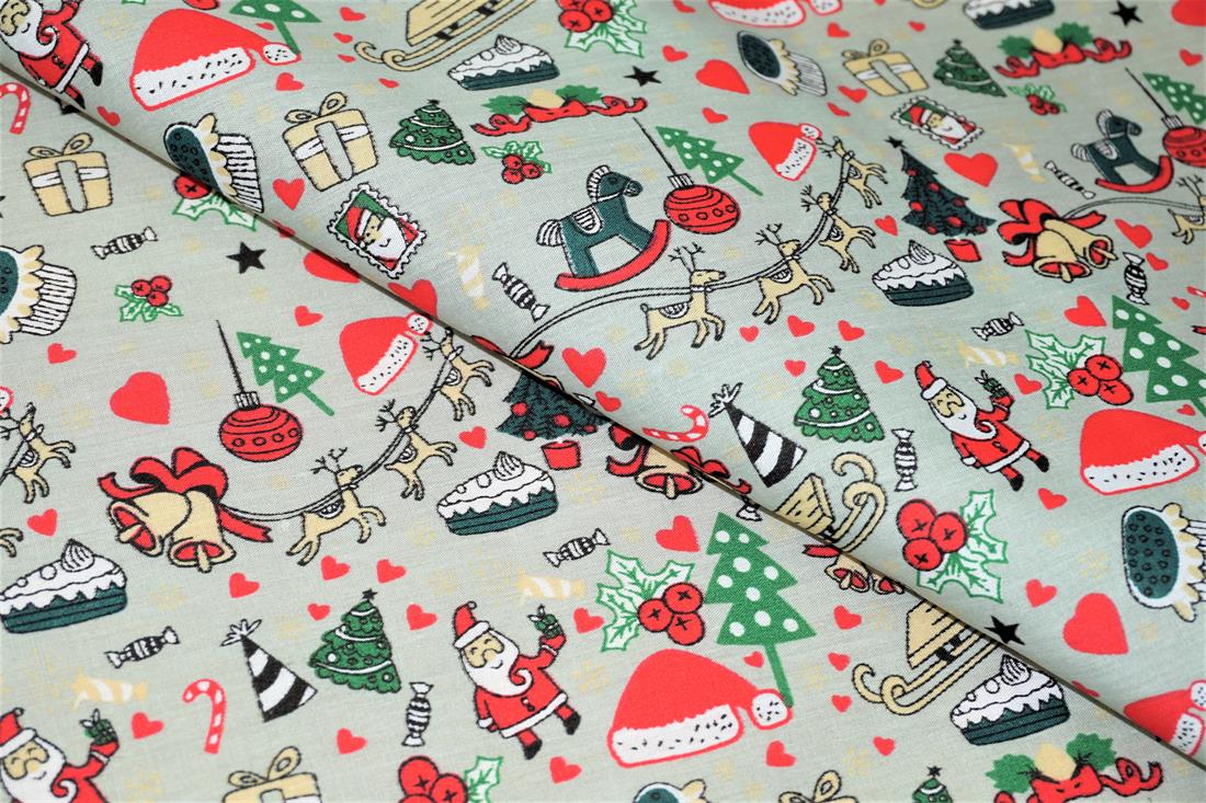 Light Grey Santa & Xmas Accessories Print PolyCotton Fabric