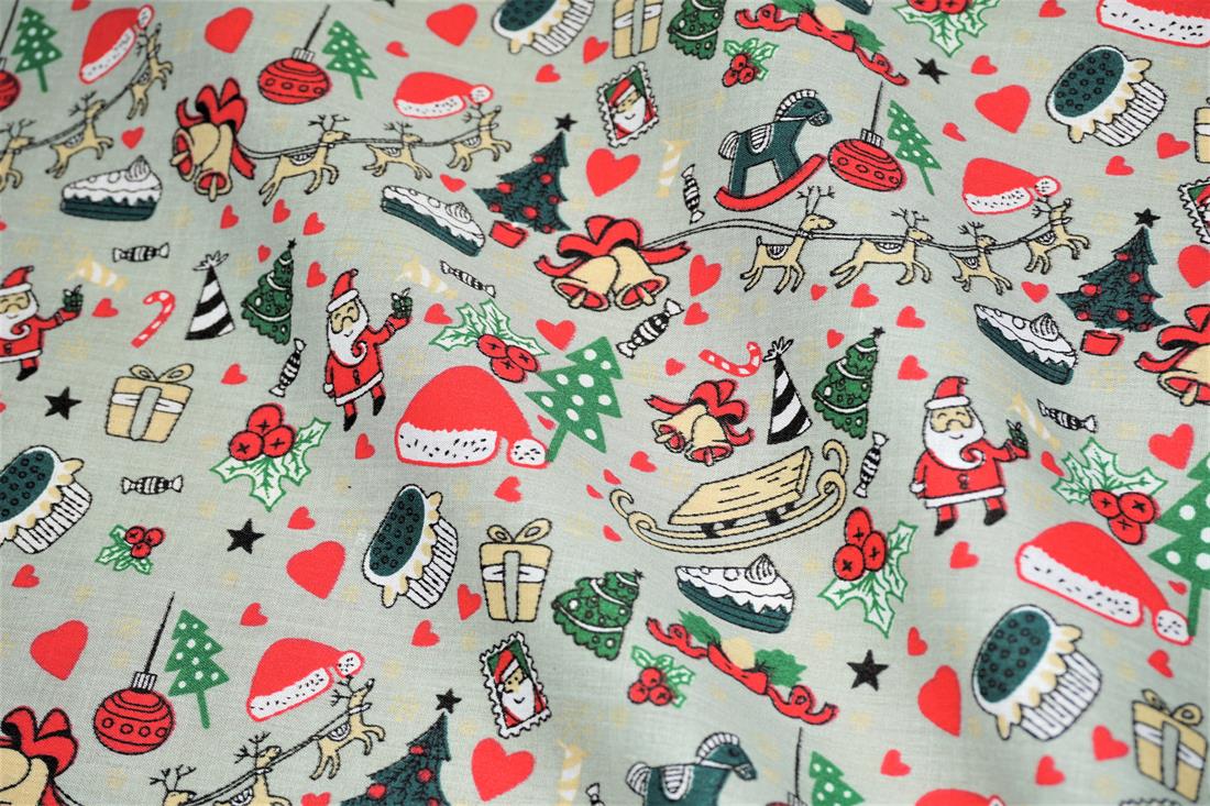 Light Grey Santa & Xmas Accessories Print PolyCotton Fabric