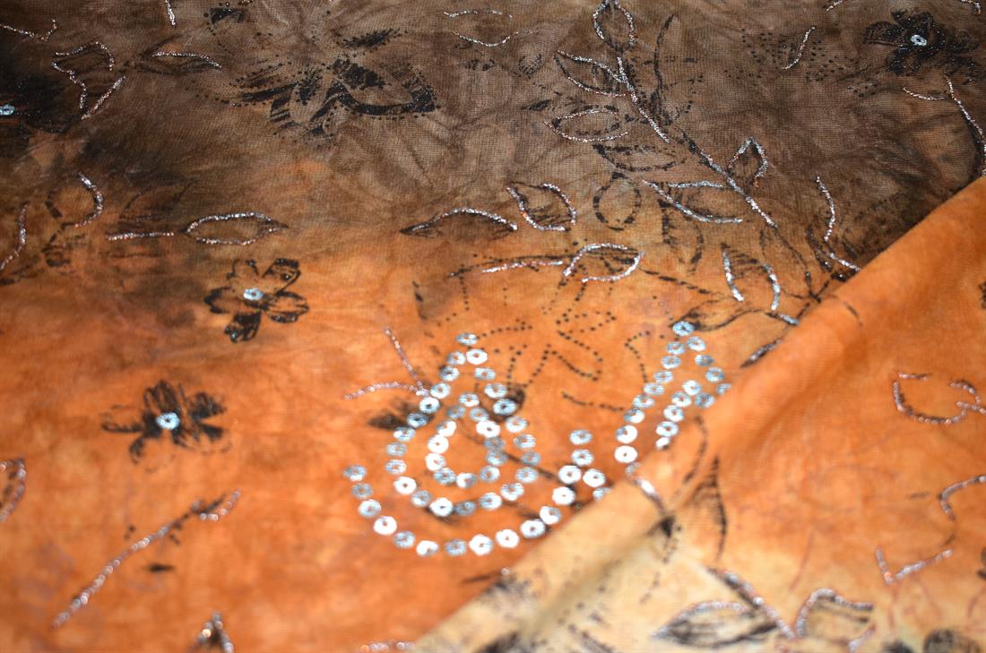 Orange & Brown Orange/Brown Printed Embroidery Polyester Fabric
