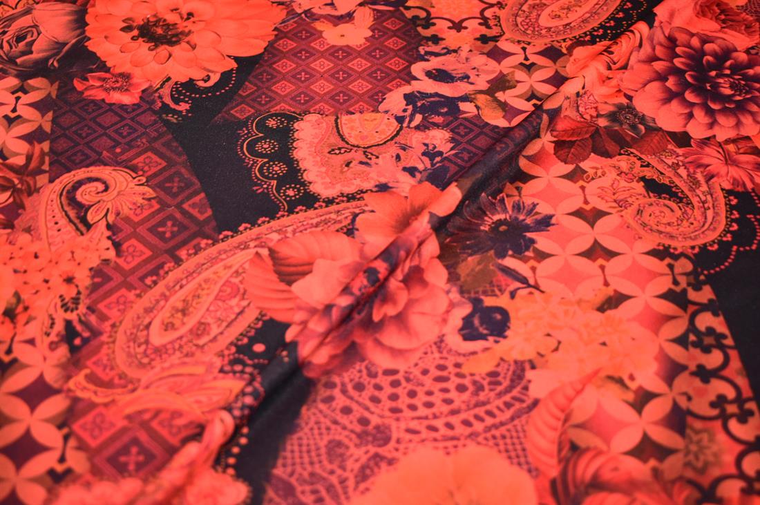 Black & Orange Printed Polyester Jersey Fabric