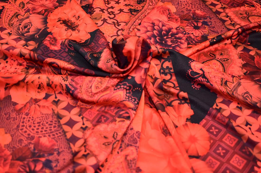 Black & Orange Printed Polyester Jersey Fabric