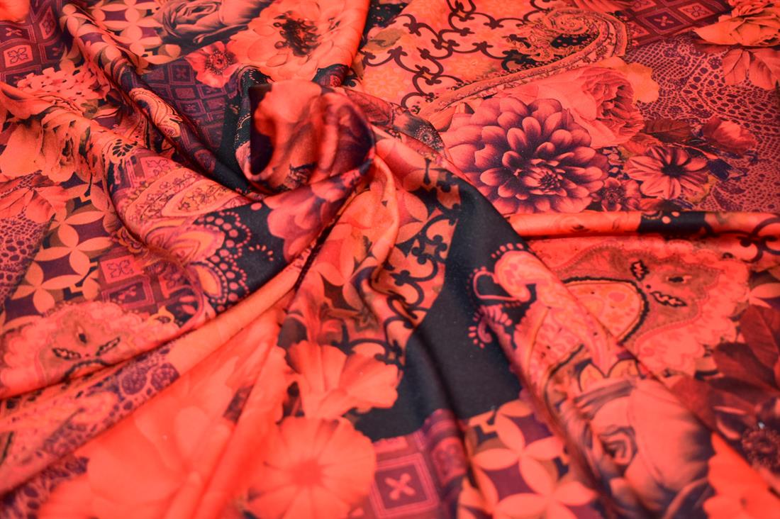 Black & Orange Printed Polyester Jersey Fabric