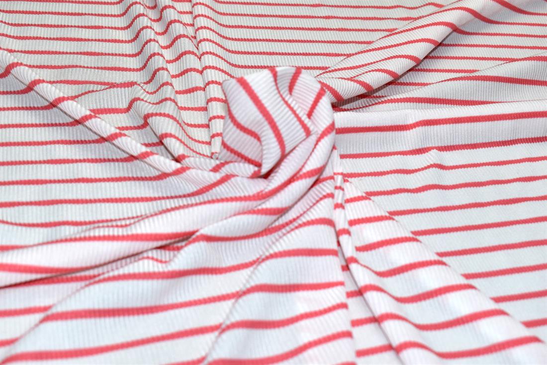 White & Dark Red Strips Polyester Jersey Fabric