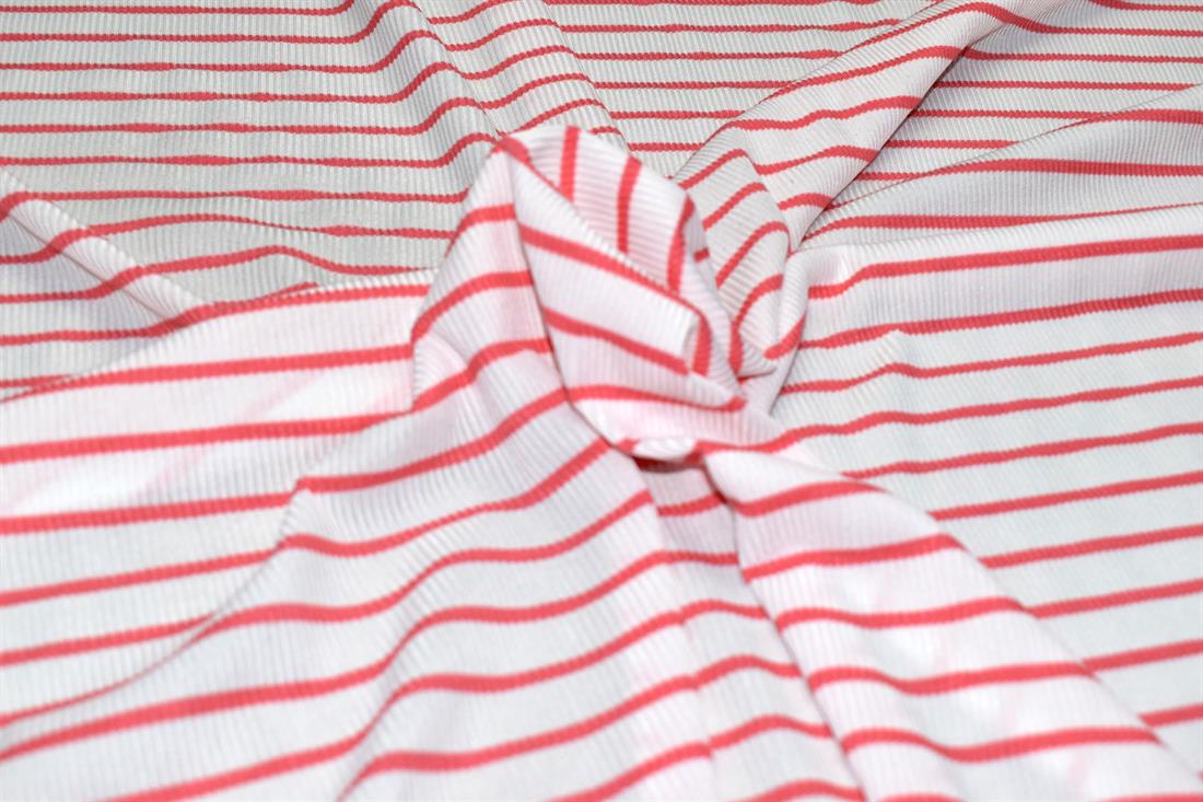White & Dark Red Strips Polyester Jersey Fabric