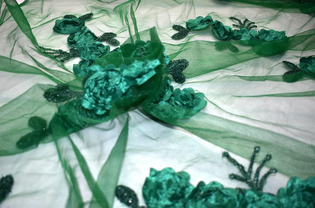 Green Plain Polyester Embroidery Lace Fabric