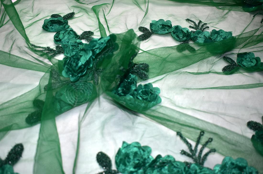 Green Plain Polyester Embroidery Lace Fabric