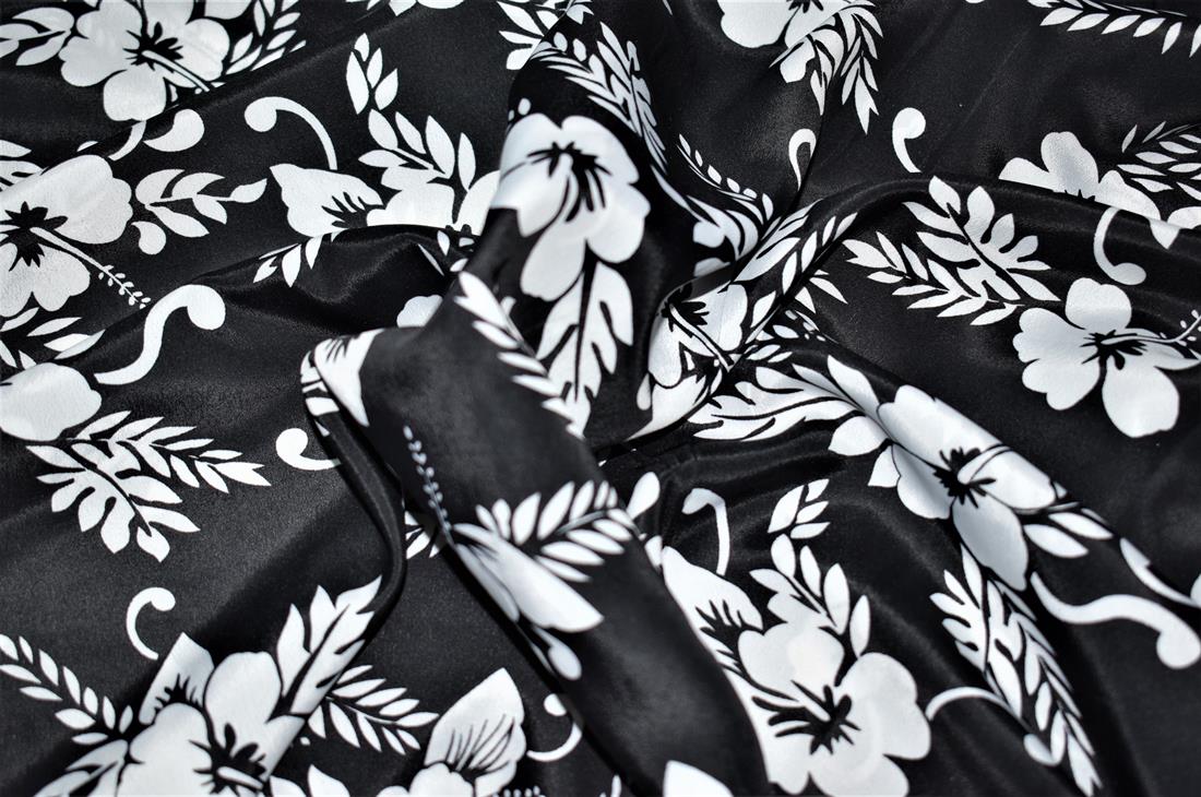 Black Printed Flower Satin Fabric