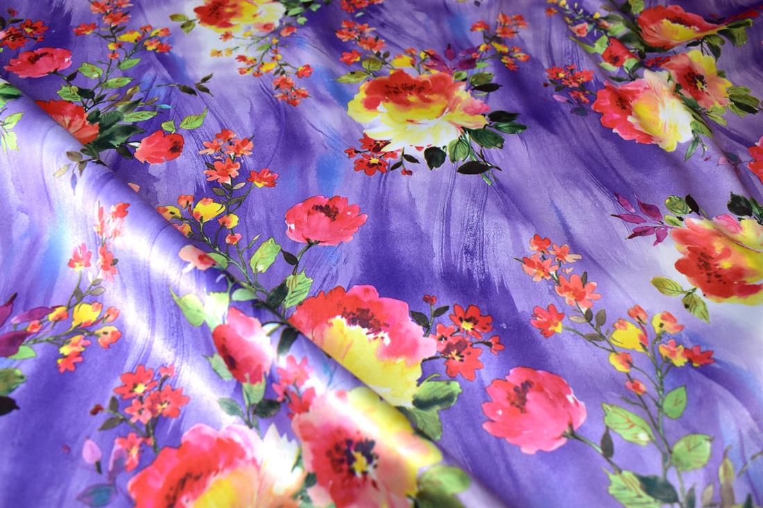 Purple Printed Floral Satin Fabric