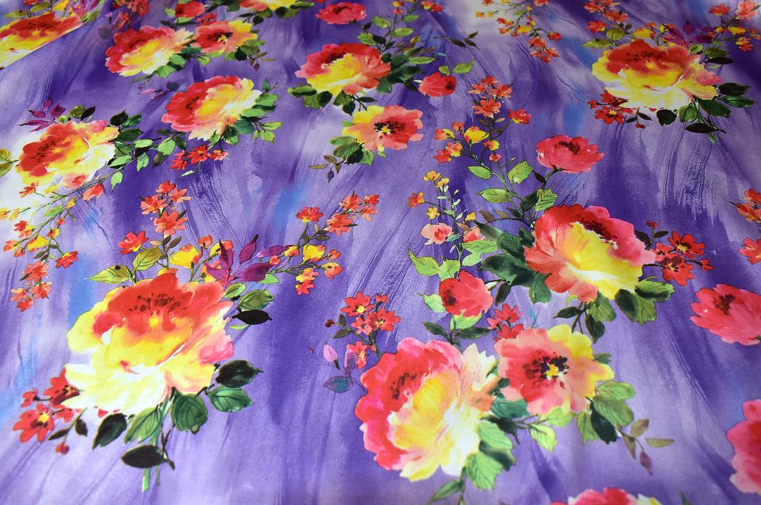 Purple Printed Floral Satin Fabric