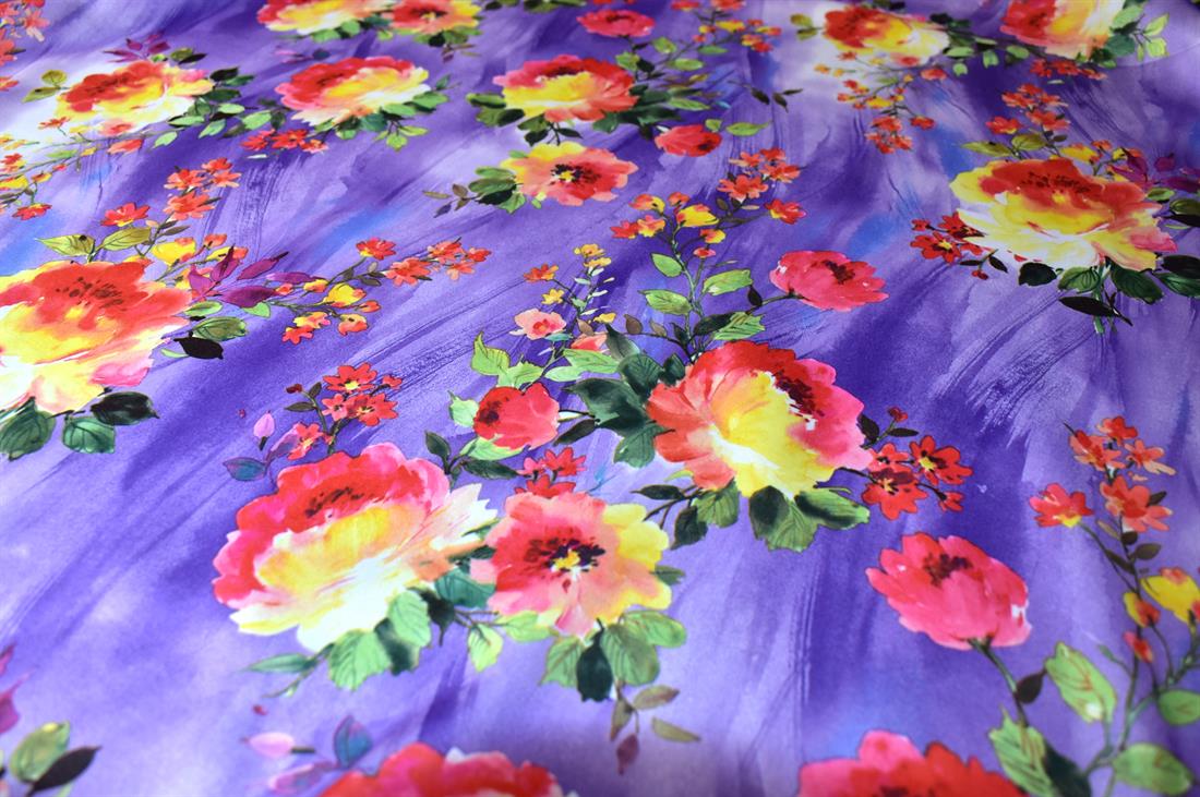 Purple Printed Floral Satin Fabric
