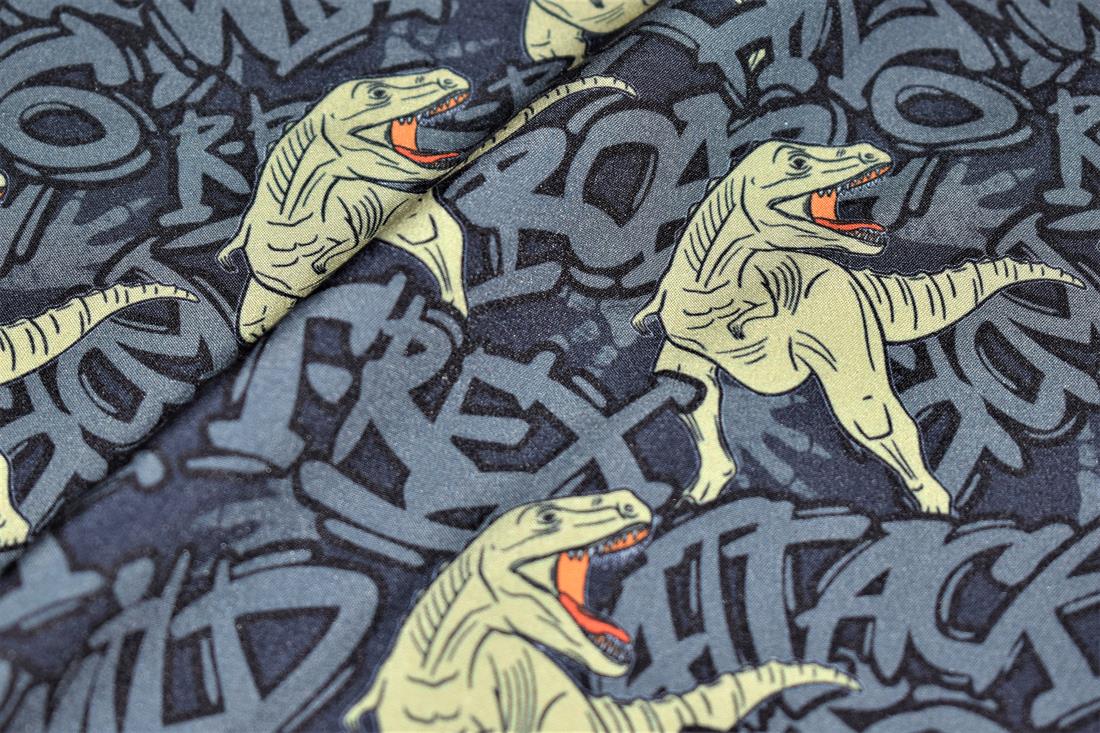 Grey Little Johnny Dino Graffiti Soft Shell Rawr-some Fabric