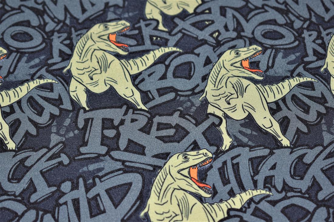 Grey Little Johnny Dino Graffiti Soft Shell Rawr-some Fabric