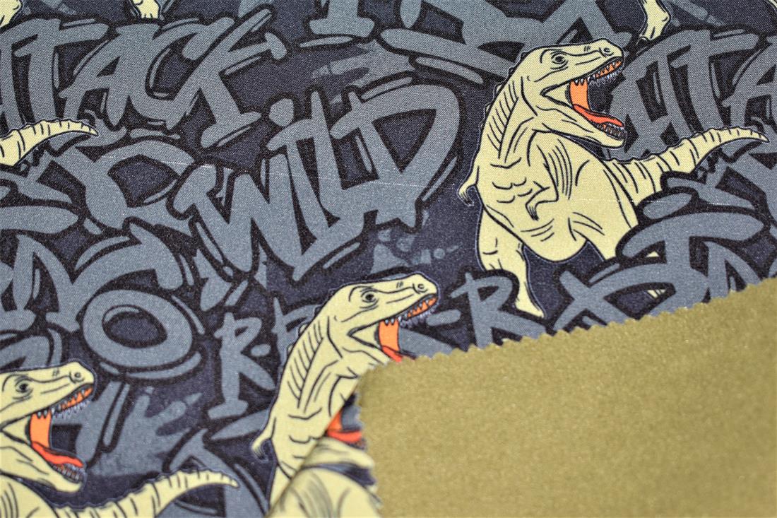 Grey Little Johnny Dino Graffiti Soft Shell Rawr-some Fabric