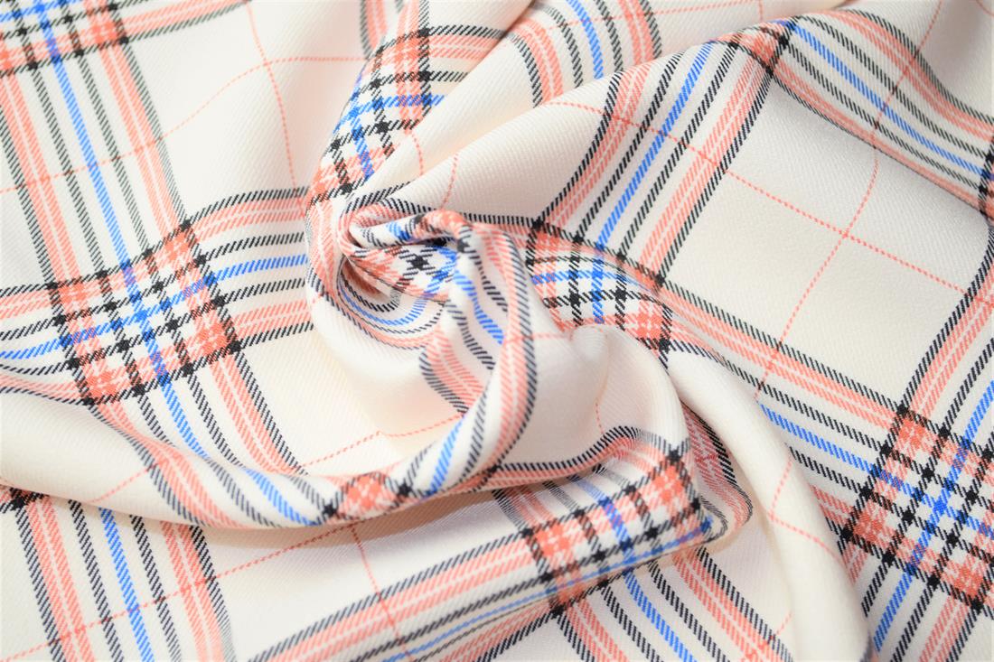 Cream & Peach Tartan Poly-Viscose Check Fashion Fabric