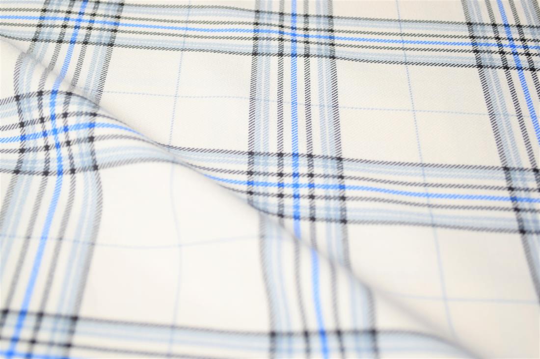 Cream & Blue Tartan Poly-Viscose Check Fashion Fabric