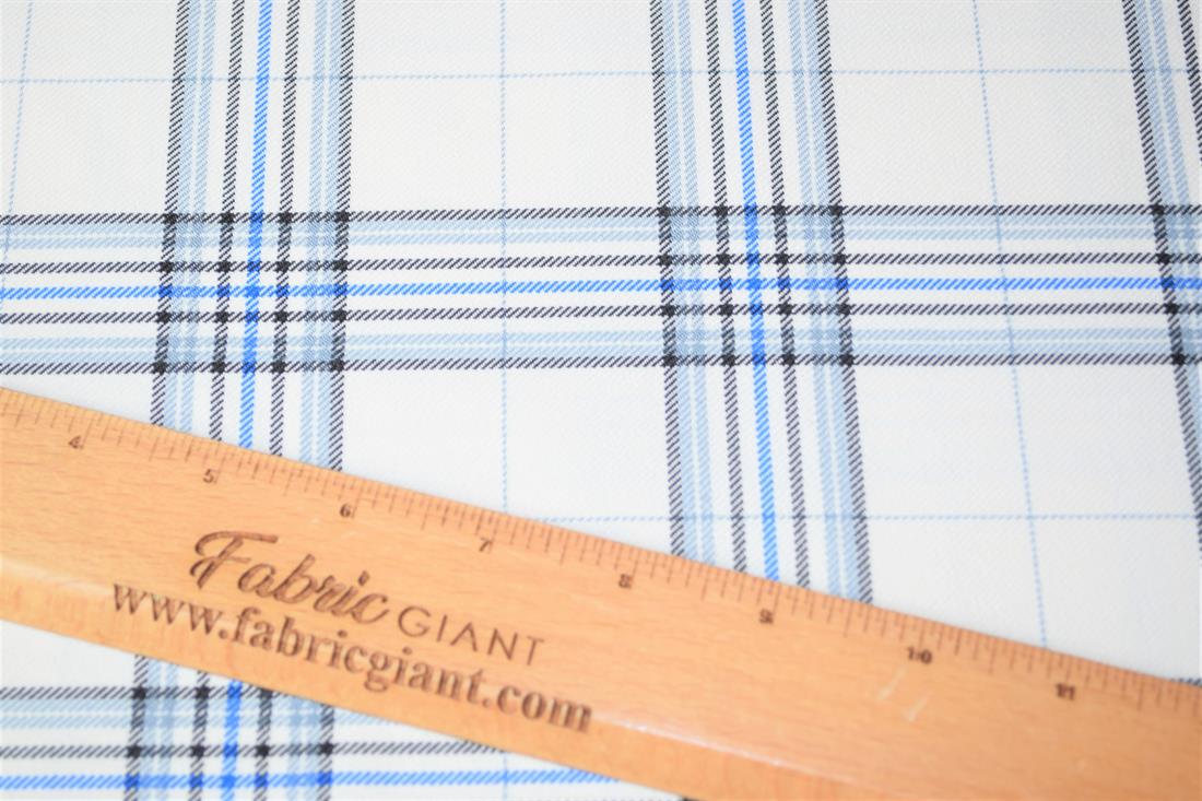 Cream & Blue Tartan Poly-Viscose Check Fashion Fabric