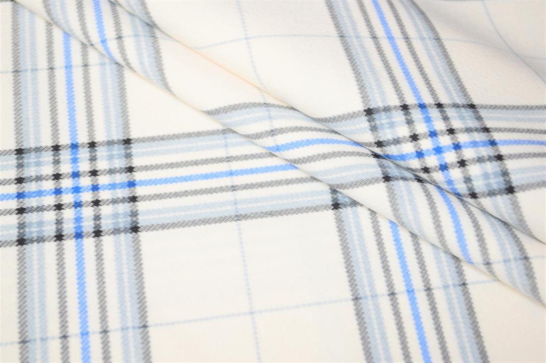 Cream & Blue Tartan Poly-Viscose Check Fashion Fabric