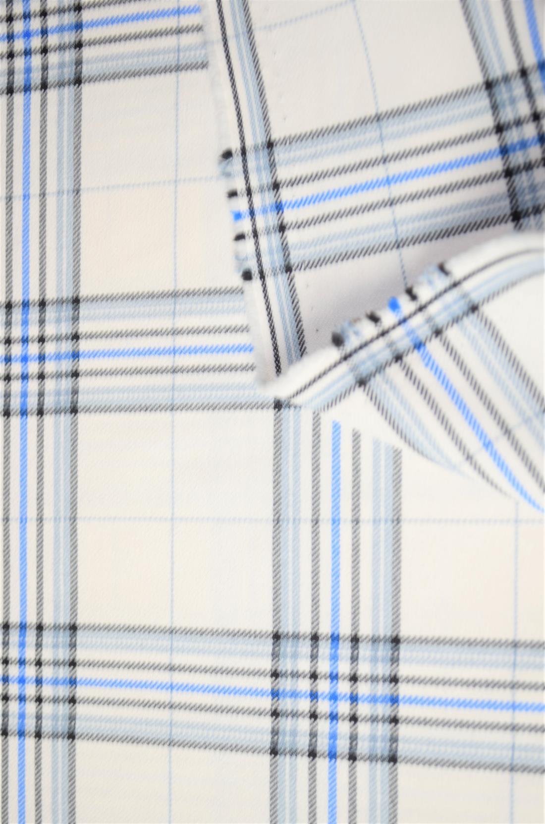 Cream & Blue Tartan Poly-Viscose Check Fashion Fabric