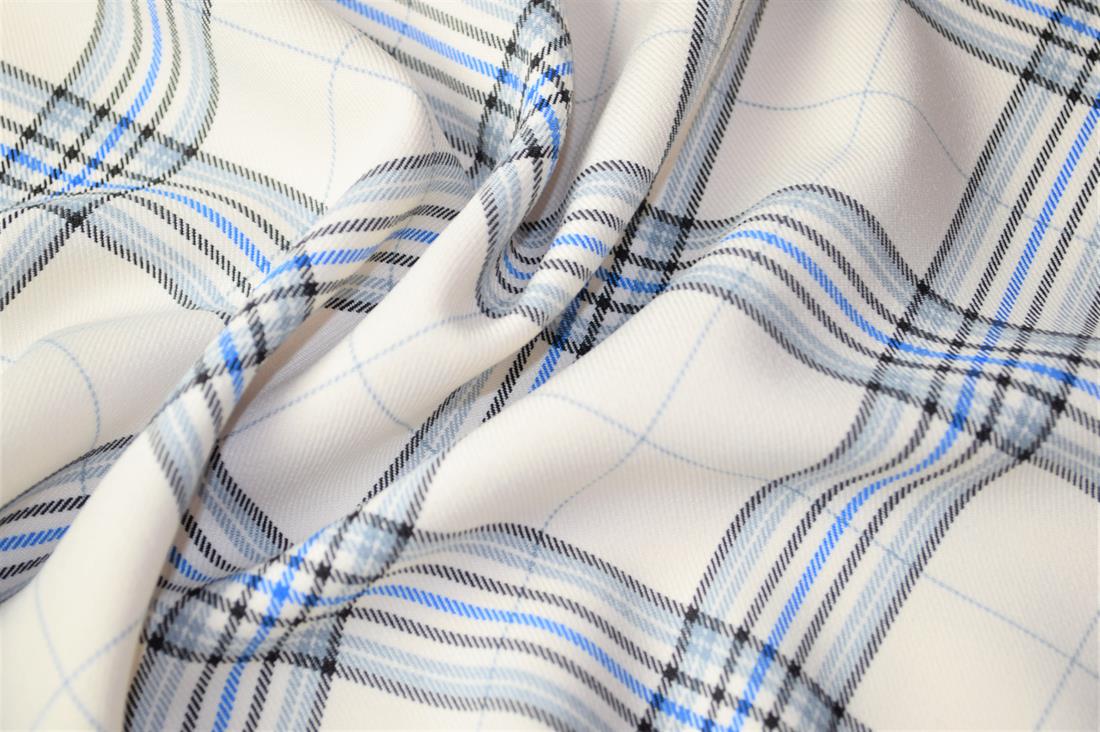 Cream & Blue Tartan Poly-Viscose Check Fashion Fabric