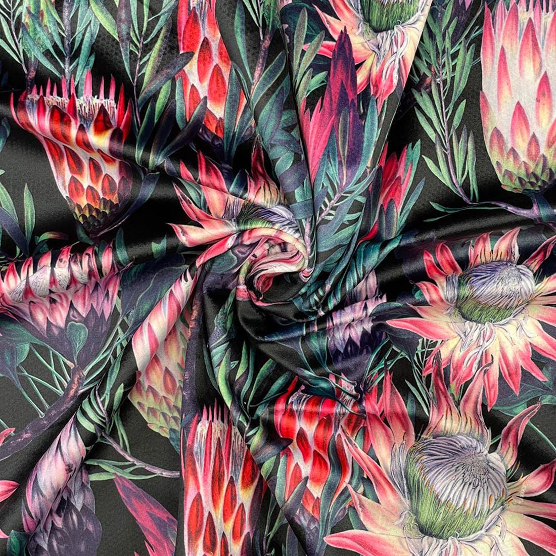 Black Protea Flower Digitally Printed Velvet