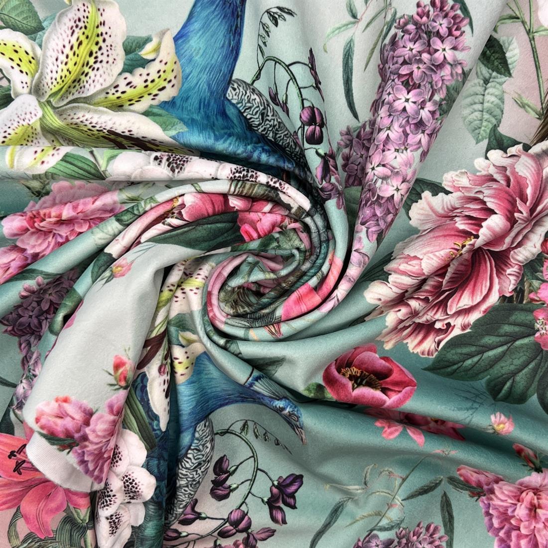 Aqua & Pink Peacock Blossom Duckegg Digitally Printed