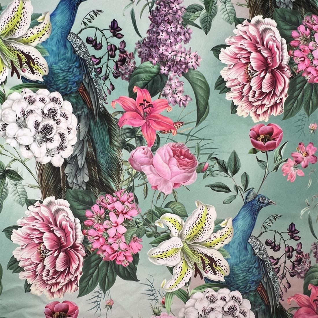 Aqua & Pink Peacock Blossom Duckegg Digitally Printed