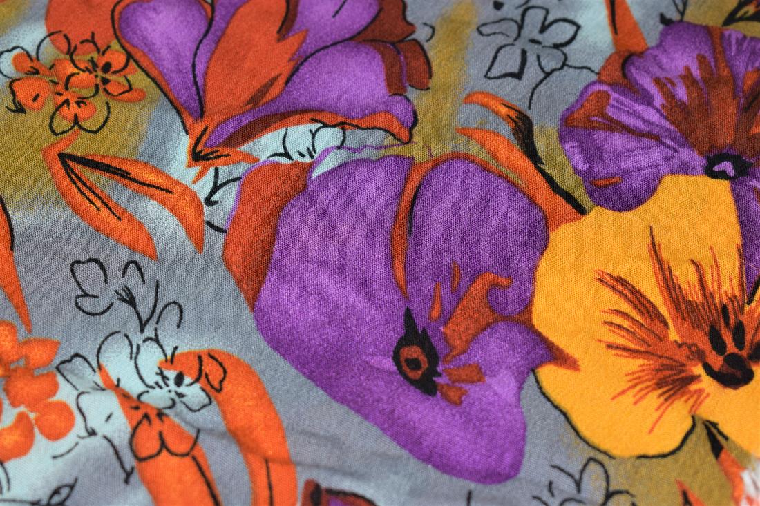 Light Grey Printed Rayon/Viscos Fabric, Tropical Flower Design