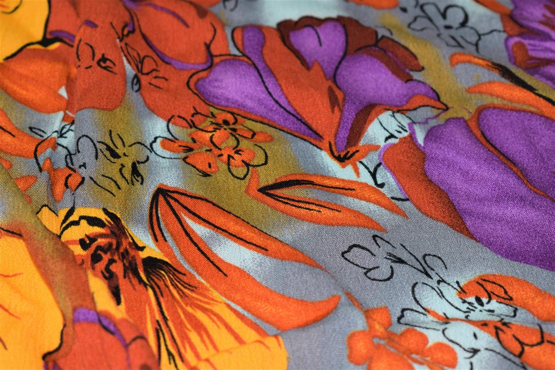 Light Grey Printed Rayon/Viscos Fabric, Tropical Flower Design