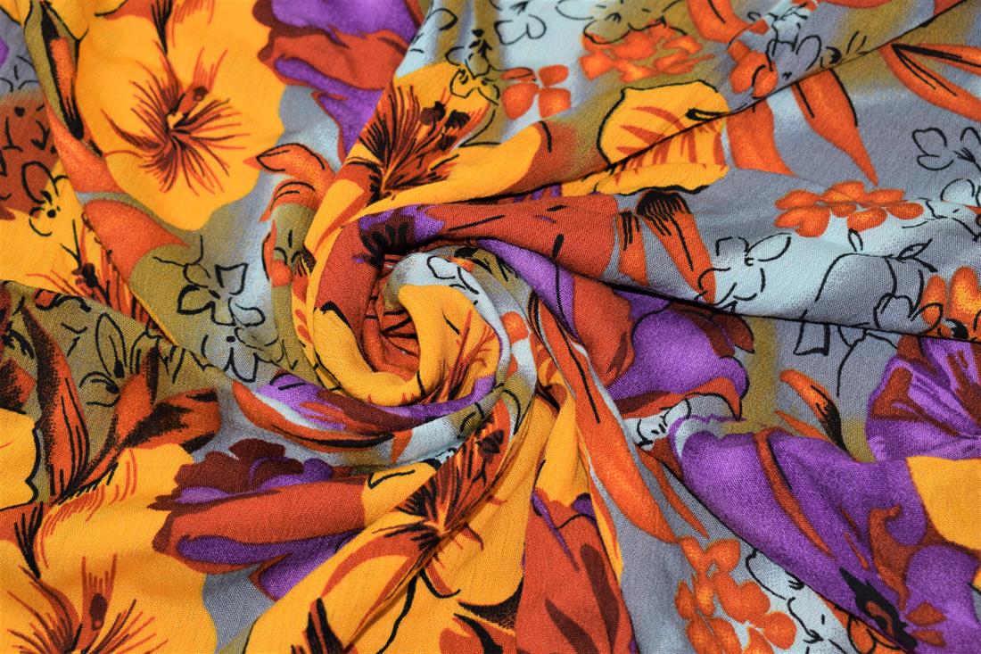 Light Grey Printed Rayon/Viscos Fabric, Tropical Flower Design