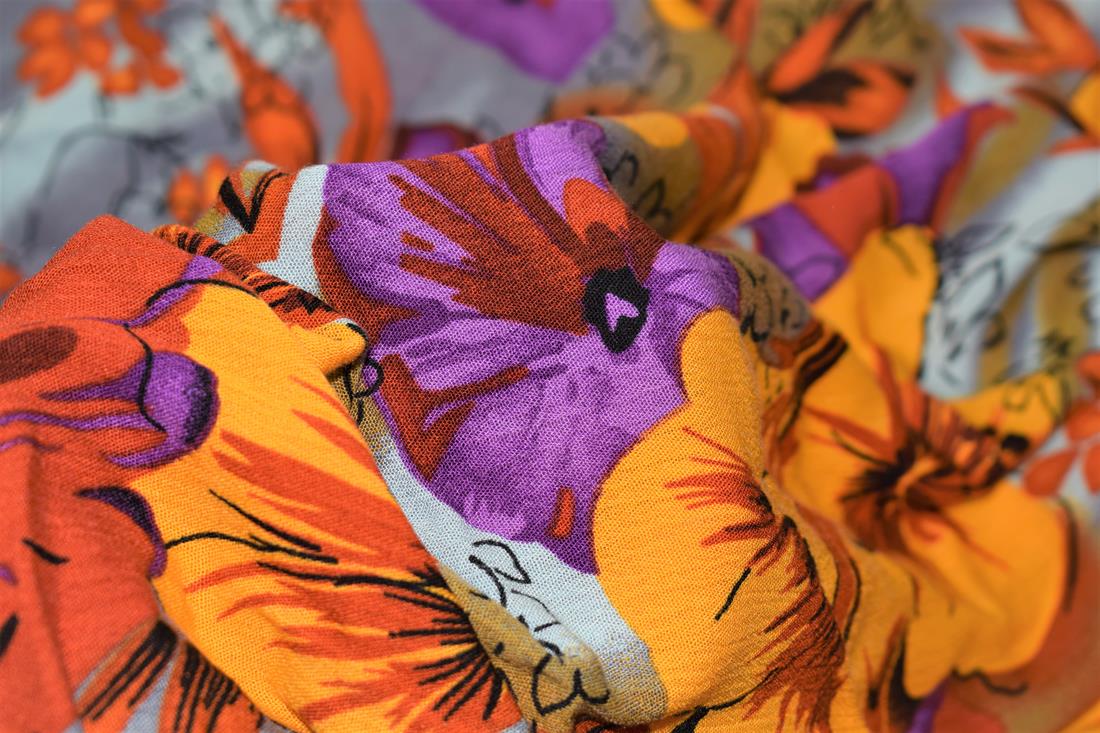 Light Grey Printed Rayon/Viscos Fabric, Tropical Flower Design