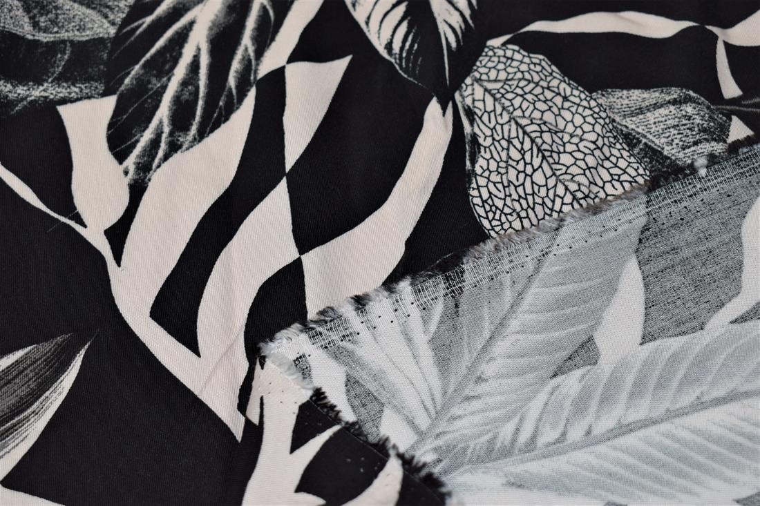 Black & White Abstract Leaves Print Rayon Fabric